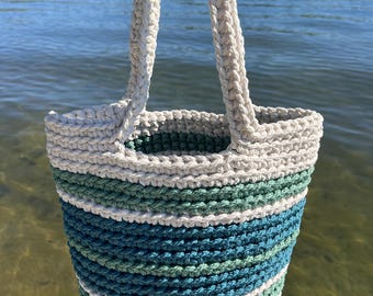 Handmade Crochet Tote Bag: Rugby Stripe Variation Design, White Blue Green Shoulder Bag