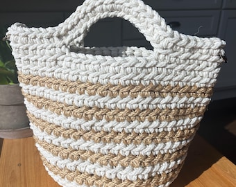 Beige and cream stripe crochet handmade handbag