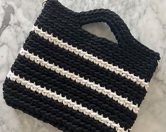 Crochet Handbag with Rings: Black & White Striped Clutch