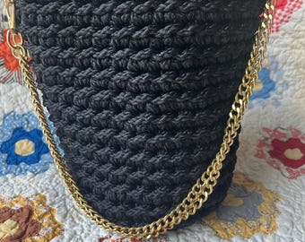 Black Crochet purse, shoulder bag, small handbag with chain strap and top closure