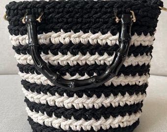Black with white stripes bamboo handle crochet hand bag, purse, small tote, handmade