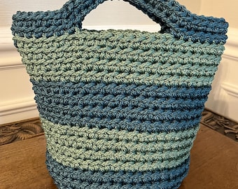 Crochet Handbag, tote bag, handmade purse, denim blue with green sage wide stripes