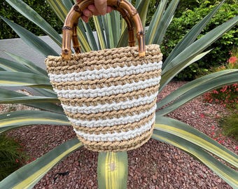 Beige with white stripes bamboo handle crochet hand bag, purse, small tote, handmade