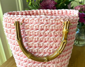Pink bamboo handle crochet hand bag, purse, small tote, handmade