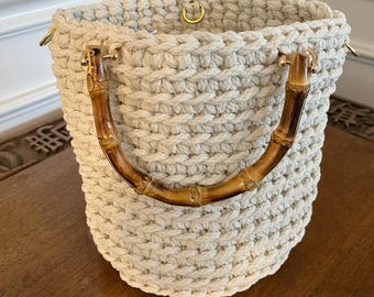 Cream, off-white, bamboo handle crochet hand bag, purse, small tote, handmade