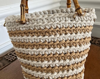 Cream with beige stripes bamboo handle crochet hand bag, purse, small tote, handmade