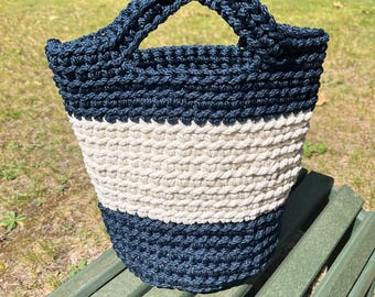 Color Block Crochet Handbag: Navy and white, tote, handbag, purse