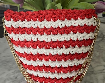 Red White Stripe Crochet Small Handbag, Chain Strap Shoulder Bag