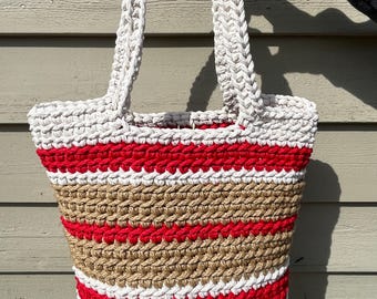 Handmade Crochet Tote Bag: Rugby Stripe Variation Design, White Beige Red Shoulder Bag