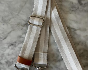 Beige with white stripe, bag strap, adjustable, brass, silver, crossbody