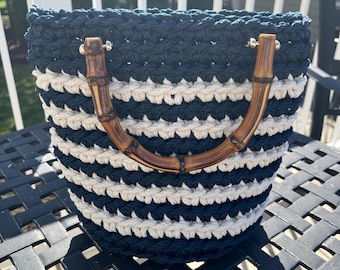 Navy Blue and white stripe bamboo handle crochet hand bag, purse, small tote, handmade