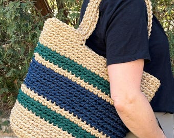 Crochet Large Tote Bag: Rugby Stripe Design - Handmade, shoulder bag