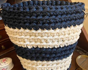 Navy White Stripe Crochet Purse, Small Shoulder Handbag with Chain Strap