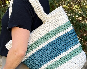 Crochet Large Tote Bag: Rugby Stripe Design in white, green, blue - Handmade, shoulder bag