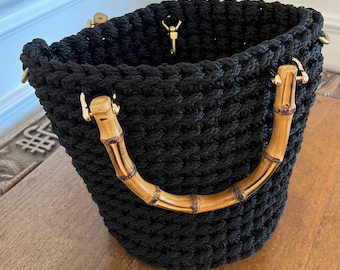 Black bamboo handle crochet hand bag, purse, small tote, handmade