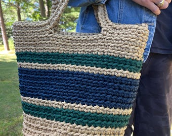 Crochet Large Tote Bag: Rugby Stripe Design - Handmade, shoulder bag