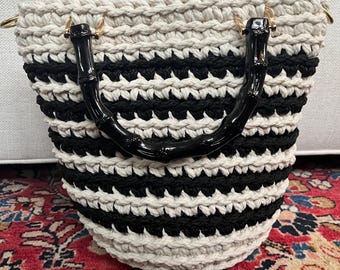 White with black stripes bamboo handle crochet hand bag, purse, small tote, handmade