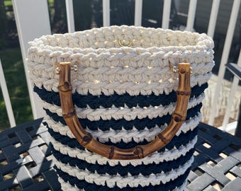 White with Navy Blue stripe bamboo handle crochet hand bag, purse, small tote, handmade