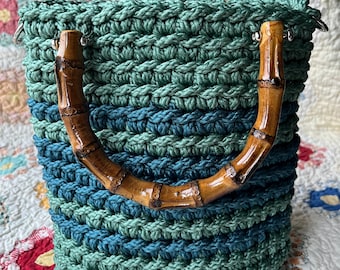Handmade crochet handbag: medium size in Sage Green and Denim Blue Rugby Stripe