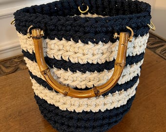 Striped, off-white and navy, bamboo handle crochet hand bag, purse, small tote, handmade