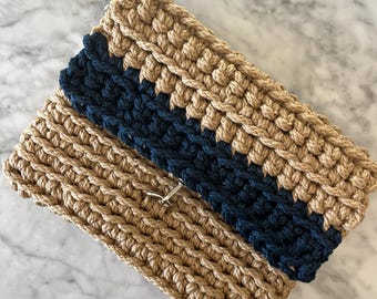 Beige Navy Stripe Crochet Clutch Handbag, Fold Over Brass Closure, Crossbody Bag
