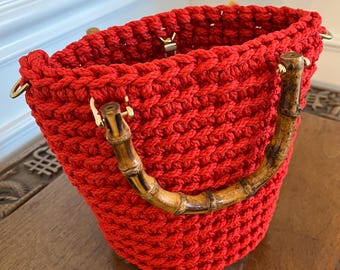 Red bamboo handle crochet hand bag, purse, small tote, handmade