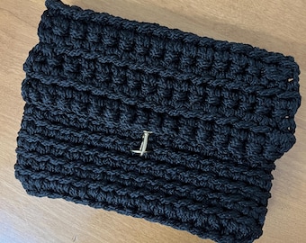 Black clutch handbag, hand held, purse, small handbag, crochet, brass closure, fold over, crossbody