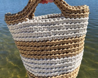 Big Stripe Crochet Handbag: Beige and white, tote, handbag, purse
