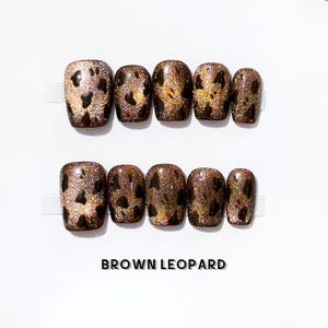 Brown Leopard Handmade Press on Nails Luxury Fake Nails Short Brown Glitter Nails Press on
