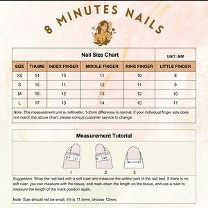 Op de afbeelding: Een tabel met nagelmaten in millimeters voor verschillende vingerlengtes. De tabel bevat maten voor duim, wijsvinger, middelvinger, ringvinger en pink. De maten vari&euml;ren van XS tot L. De tabel bevat ook een meettutorial met illustraties van hoe je de breedte van de nagelriem meet.