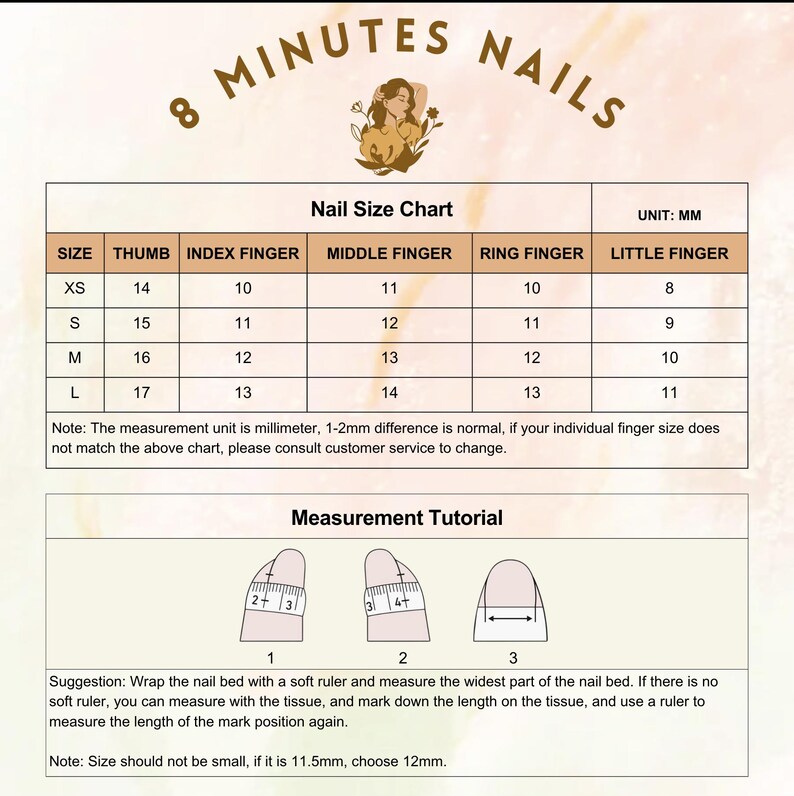 Op de afbeelding: Een tabel met nagelmaten in millimeters voor verschillende vingerlengtes. De tabel bevat maten voor duim, wijsvinger, middelvinger, ringvinger en pink. De maten vari&euml;ren van XS tot L. De tabel bevat ook een meettutorial met illustraties van hoe je de breedte van de nagelriem meet.