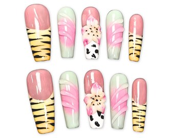 Safari Dreamer: 3D Pink Flower & Tiger Print Press On Nails