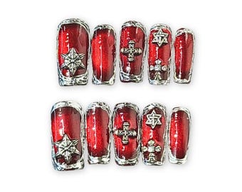 Gothic Red Ombre Cross Press On Nails | Dark Square Metal Accents