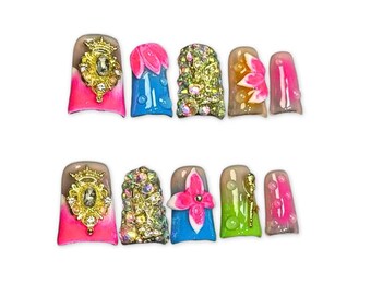 Neon Carnival Flare Nails: Bright Multi-colored Palette Festive Handmade Electric Garden Duck Nails