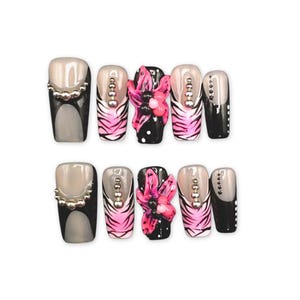 Handmade Punk Chic Gel Nails | Zebra Print & 3D Flower Square Press ons