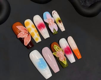 Sunset Bloom: 3D bloemen en abstracte uitstraling druk op de nagels