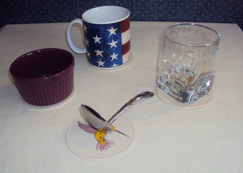Beige Silicone Hummingbird Drink Coasters, NonSlip Table Coasters, Office Coasters, Candle Base, Bottle Opener, Desk Coasters, Jar Opener image 2