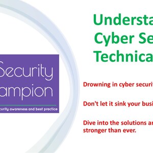 Op de afbeelding: Een paars logo met de tekst "Cyber Security Champion" en de tagline "bevordering van een cultuur van cyber security bewustzijn en best practices". De tekst "Understanding Cyber Security Technical Debt" is groen, en de tekst "Verdrinken in cyber security technische schuld? Laat het niet zinken in uw bedrijf. Duik in de oplossingen en kom sterker dan ooit terug." is rood.