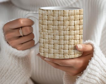 Woven Texture Mug: Minimalist Tan Beige Ceramic Coffee Cup