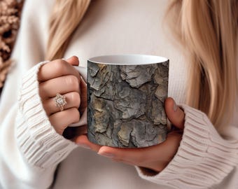 Rustic Oak Wood Mug: Tree Bark Design Ceramic Coffee Cup