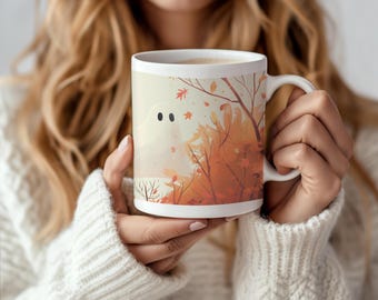 Cozy Ghost Mug: Minimalist Halloween Coffee Cup, Autumn Forest Scene