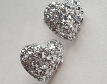 Silver Heart Earrings, Glitter Earrings, Heart Earrings, Stud Earrings, Valentine's Gift, Small Heart Earrings