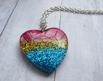 Rainbow Necklace, Glitter Heart Pendant, Pride, Quirky Jewellery, LGBTQ, Heart Pendant, Glitter Heart, Festival Necklace, Valentine's Gift