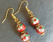 Red Cloisonné Earrings, Red Enamel Earrings, Red Flower Earrings, Red Beaded Earrings, Red Earrings, Christmas Gift, Gift For Women,
