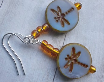 Blue Dragonfly Earrings, Czech Glass, Blue Glass, Nature Jewellery, Boho Gift For Her, Summer, Dragonflies, Hippie Earrings,