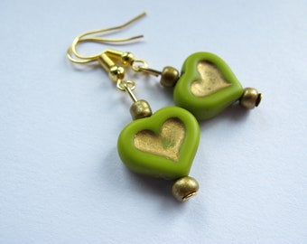 Green Heart Earrings, Lime Green Earrings, Retro Earrings, Heart Jewellery, Heart Earrings, Boho Jewellery