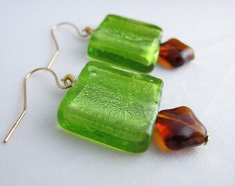 Green Glass Earrings, Green Earrings, Green Square Earrings, Green Glass Earrings, Upcycled Earrings, Sterling Silver Hooks