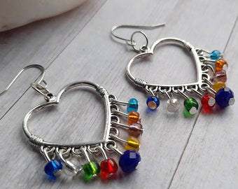 Boho Heart Earrings, Heart Earrings, Rainbow Earrings,  Large Heart Earrings,