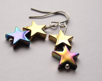 Dangly Star Earrings, Long Star Earrings, Rainbow Jewellery, Festival Earrings,Rock Chick, Iridescent Semi Precious Stone Jewellery, Stars