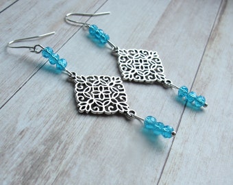 Turquoise Earrings, Boho Earrings, Dangle Earrings, Long Silver Earrings, Elegant Earrings, Turquoise Earrings, Boho Jewellery,